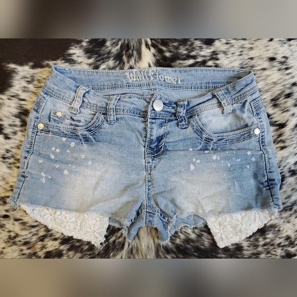 Wallflower Pants - Wallflower Light Blue Jean Shorts with White Lace Trim